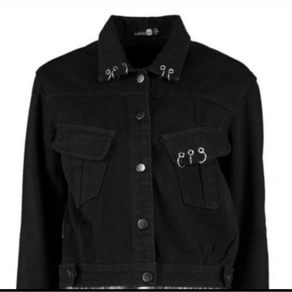 Pierced Black Denim Jacket w Detachable Sheer Tulle Panel - Picture 5 of 16